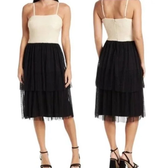 DRESS THE POPULATION Women Kady Dress Black Cream Sequin Midi Tulle Dot XXS - Picture 1 of 1